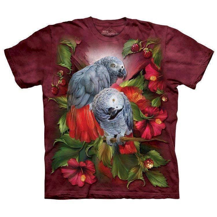 dynamisk Army mus Papegøje t-shirt. T-shirt med 2 rødhalede grå jaco papegøjer